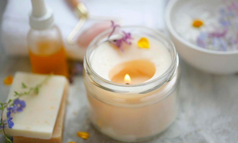Spa still life candle, selective focus , scented spa candle setting composition, beauty and wellness therapy still life